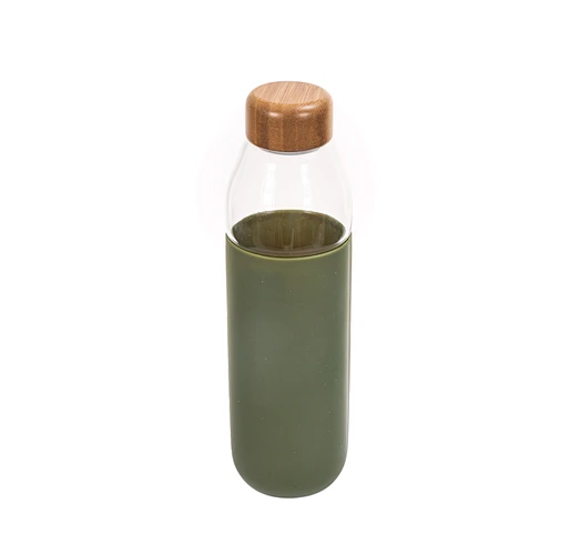 Silicone sleeve bamboo lid high borosilicate glass water bottle
